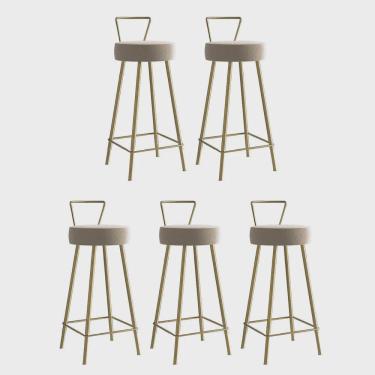 Imagem de Kit 05 Banqueta Alta Com Encosto Tais Eiffel Cozinha Bar Bistrô Ferro Dourado Suede Bege - Ahz Móveis