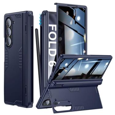 Imagem de Capa para caneta Samsung Z-Fold-6: capa fina com suporte de dobradiça com protetor de tela de privacidade - suporta carregamento sem fio - capa protetora macia para celular Galaxy Z Fold6 azul