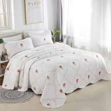Imagem de Conjunto de 3 colchas elegantes bordadas com flores e folhas, tamanho grande, Queen, 100% algodão, patchwork, reversível, 1 colcha e 2 fronhas, rosa (94 x 102))