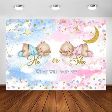 Imagem de Avezano Pano de fundo de revelação de gênero de urso ele ou ela decorações de revelação de gênero fundo de fotografia lua rosa ou azul um urso estrela revelação de gênero sessão de fotos decorações de festa de revelação de gravidez (2,1 x 1,5 m)