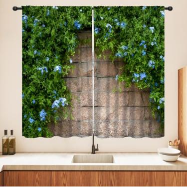 Imagem de Cortina blackout de parede de tijolos de pedra, parede de pedra retrô, folhas verdes, cenário natural, cortinas de bolso para varão, tratamentos, cortinas de janela para cozinha, sala de estar