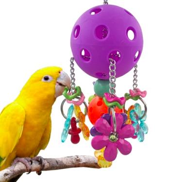 Imagem de GILYGI Brinquedos de bola de plástico para pássaros puxáveis com chupetas e flores de acrílico, brinquedos coloridos de papagaio para papagaio quaker monge periquito solar (roxo)
