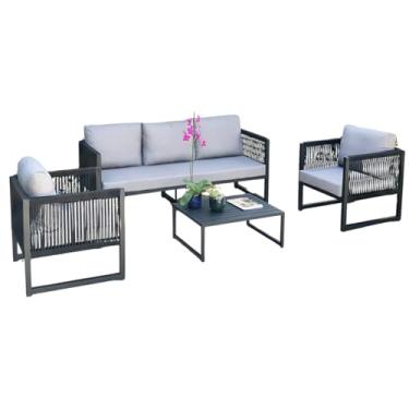 Imagem de Conjunto de Sofá 2 Poltronas Belga Area Externa Jardim Alumínio Corda Náutica (Preto)