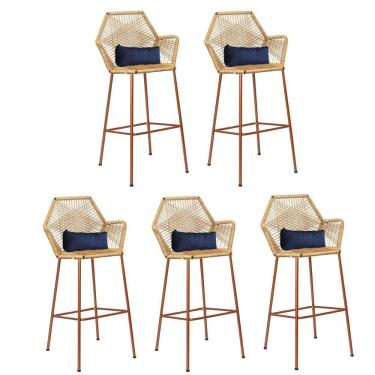 Imagem de Kit 05 Banqueta Alta Com Encosto Sttar Balcão Ferro Bronze Fibra Palha Almofada Suede Azul Marinho