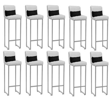 Imagem de Kit 10 Banqueta Alta Com Encosto Balcão Ferro Prata Sintético Branco E Almofada Preto