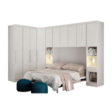 Imagem de Quarto Modulado Casal Rizon 6 Peças (1 Armário Ponte 1 Closet 2 Guarda Roupas 2 Complementos) Branco