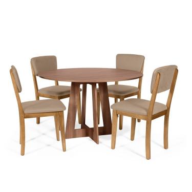 Imagem de Mesa De Jantar Redonda Montreal Noronha Com 4 Cadeiras Estofadas Ella Marrom Claro