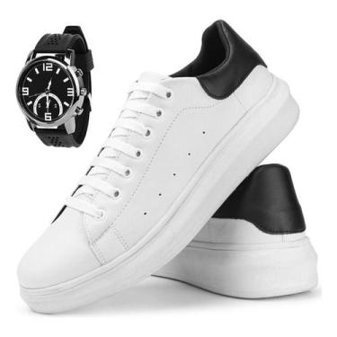 Imagem de Kit Tênis Masculino Sport Fino Sola Alta Couro Costurado Relógio - Mar