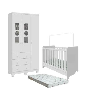 Imagem de Quarto Bebe Berço e Guarda Roupa 3Pt MDF Dorabelly Dyte + Colchão - Mo