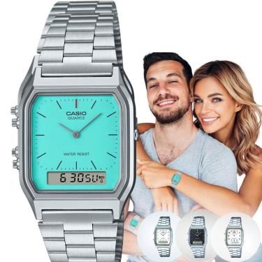 Imagem de Relógio Casio Anadigi Vintage Prata AQ-230A Hora Dual Digital Analógico Alarme Cronômetro Resistência à Água Pulseira Inox