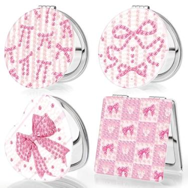 Imagem de Chunful 4 peças de espelho de diamante com laço rosa coquete rosa laço diamante pintura kits de espelho compacto círculo coração quadrado estética espelho dobrável para meninas mulheres artesanato DIY