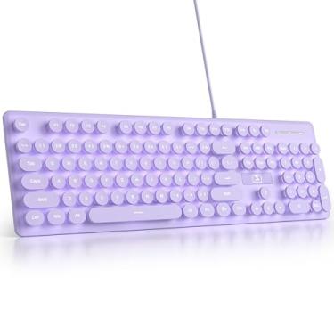 Imagem de Fogruaden Teclado de máquina de escrever retrô com fio, teclado de membrana silencioso de tamanho completo, lindos teclados roxos, 104 teclas redondas, retroiluminação LED branca, fino, silencioso