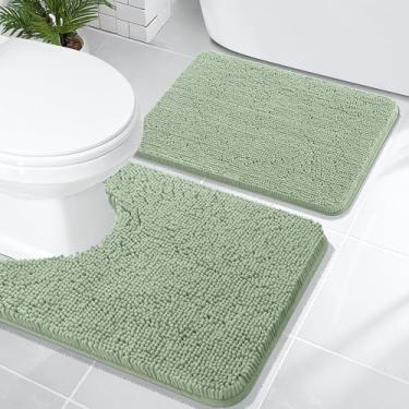 Imagem de OLANLY Conjunto de tapetes de banheiro de 2 peças, tapetes de banho de chenille macio absorvente e contorno em forma de U, tapete de banheiro lavável na máquina, acessórios de decoração de casa (61 x