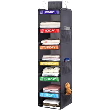 Imagem de Fivebop Organizador semanal de roupas para crianças com 6 prateleiras, organizador de armário diário com 6 bolsos laterais, divisória de roupas para meninos e meninas (cinza)