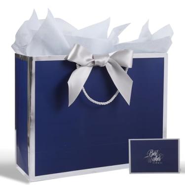 Imagem de Bolsa de presente azul com fita, bolsa de presente grande de 33 cm com alça, cartão de felicitações e 2 lenços de papel (moldura prateada) aniversários, formatura, casamentos, dia dos pais