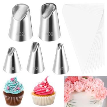 Imagem de Conjunto de 5 pontas de tubulação de flor de rosa com 10 sacos, pontas de decoração de bolo, ponta de cobertura de flor Wilton, conjunto de bicos de pétalas de rosa para decoração de bolos