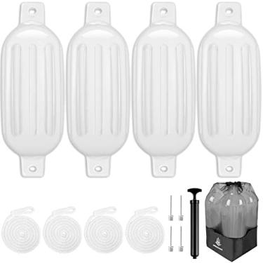 Imagem de Dreizack Para-lamas de barco, pacote com 4, 16,5 x 58,4 cm, para-choques de barco para ancoragem com 4 cordas, para-choque inflável com nervuras para barco, pontão marinho, para docas com 1 bolsa de armazenamento, 1 bomba de ar e 4 agulhas, branco