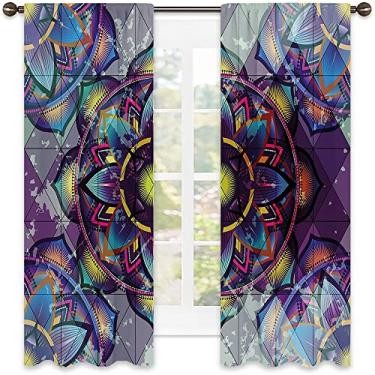 Imagem de Cortina blecaute mandala, fundo de mandala psicodélica de geometria surreal com efeitos futuristas, decorações de janela de casa para cerimônias de casamento, L 132 x C 137 cm azul lilás
