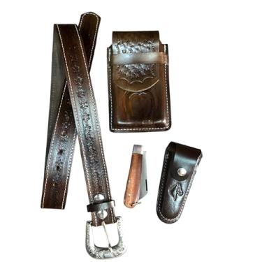 Imagem de Kit Acessórios Bainha e Canivete Capa de Celular e Cinto (marrom, 110cm/tam 40 e 42)