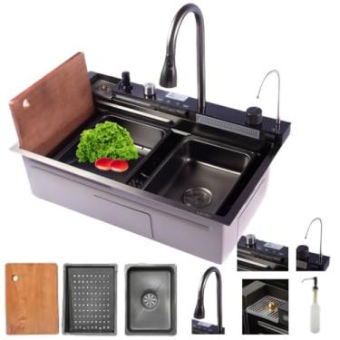 Imagem de Cuba Cascata Multifuncional Gourmet Smart Inteligente Monocomando Torneira Quente E Frio Completa Acessórios Tábua, Escorredor, Cesto, Dispenser De Detergente, Lavador De Copos Inox 304 - Preto - Yab