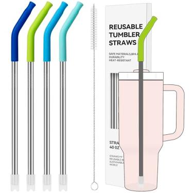 Imagem de Soledea 4 PÇS Canudos de metal de 1134 g para copo Stanley de 1,134 g, extra longo com pontas de silicone, fundo anti-clank, serve para jarros de 1,8 g e copos grandes