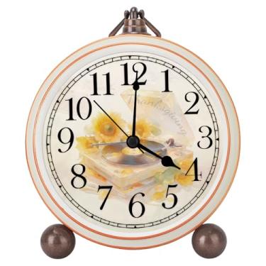 Imagem de Relógio de mesa clássico vintage – Relógio de mesa analógico de 13 cm, relógio silencioso sem tique-taque com moldura de metal envelhecido para escritório, sala de estar ou quarto (toca-discos)