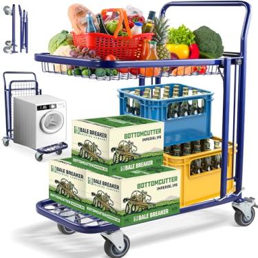 Imagem de Osluken Carrinho de mão 2 em 1 conversível de metal com plataforma resistente de 2 níveis | Carrinho de mão de carrinho de mão de mesa, carrinho utilitário de compras de supermercado dobrável com