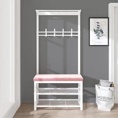 Imagem de Cabideiro Com Armazenamento De Sapatos - Hall Tree Entrada Industrial Com Banco, Cabideiro Independente Com Ganchos Para Entrada De Apartamento Pequeno, Pink, 80CM