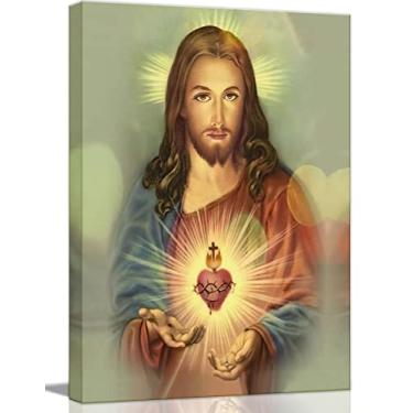 Imagem de Quadro Sagrado Coração de Jesus parede Arte em tela Decoração Divina Misericórdia Católica Cristianismo para Fé Sala de estar quarto sala de jantar para pais Poster Imagens Pintura emoldurada 12x16 polegadas