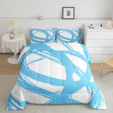 Imagem de Jogo de cama listrado azul e branco, para adultos, jovens, adolescentes, contemporâneo, boêmio, arte moderna, colcha com linhas de grafite, edredom geométrico geométrico geométrico para minimalistas