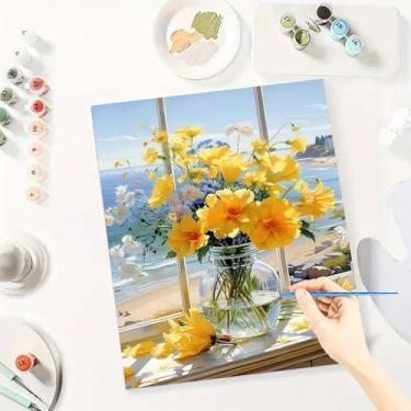 Imagem de Huacan Kit de pintura por números para adultos iniciantes sem moldura DIY flores desenho em tela kit de pintura acrílica feito à mão com 3 pincéis 40 x 50 centímetros