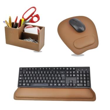 Imagem de Kit Organizador de Mesa Sintético Vayly com Apoio para Teclado, Mouse Pad Ergonômico e Porta-Caneta 3 em 1 (Caramelo)