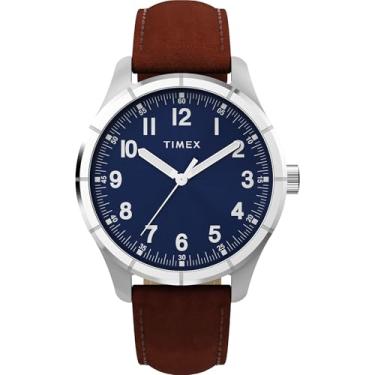 Imagem de Timex Relógio masculino Main Street 42 mm - pulseira marrom, mostrador azul, caixa prateada