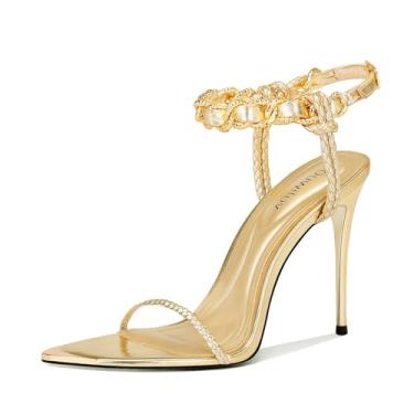 Imagem de Sapato feminino preto com corrente dourada, tira no tornozelo, bico fino, salto alto stiletto para eventos formais, casamentos, festas e uso noturno, Dourado, 40