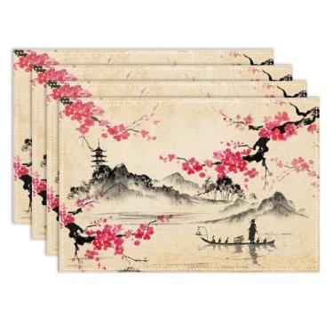 Imagem de Conjunto de 4 jogos americanos japoneses, 30 x 45 cm, retrô, flor de cerejeira, paisagem oriental chinesa, vintage, pintura de tinta oriental, tapetes de mesa rústicos para festas, cozinhas, jantares