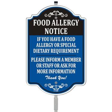 Imagem de Sinais de segurança de aviso de alergia alimentar para bar café restaurante hotel 30,5 cm x 20,3 cm com estaca de metal de 89 cm de comprimento com suporte de alumínio uso ao ar livre quintal negócios