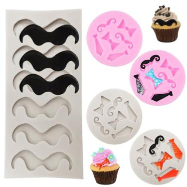 Imagem de DaKuan Conjunto de 5 moldes de silicone para mini gravata borboleta e bigode para bolo, chocolate, doces, fondant, antiaderente, seguro para forno e lava-louças (rosa + cinza)