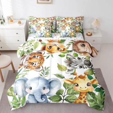 Imagem de Erosebridal Conjunto de cama Queen com estampa de animal zoológico, estampa de zebra, macaco tigre e zebra, elefante girafa (edredom + lençol de cima + 2 fronhas + 2 fronhas) 7 peças