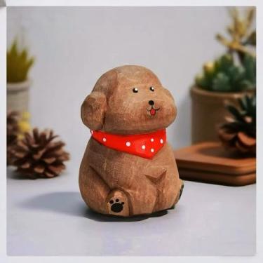 Imagem de ShaoAngDuoMi Cute Wood Teddy Dog Figurine, 2.7'Handmade Carved Brown Teddy Statue with Base, Unique Pet Dog Figure Collectibles Home Decor, Gift for Pet Lover