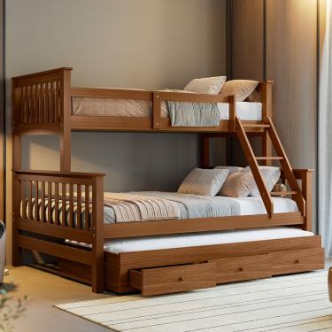 Imagem de Treliche Com Cama Casal Madeira Maciça Aux Solteiro C/ Gavetas Woodstore