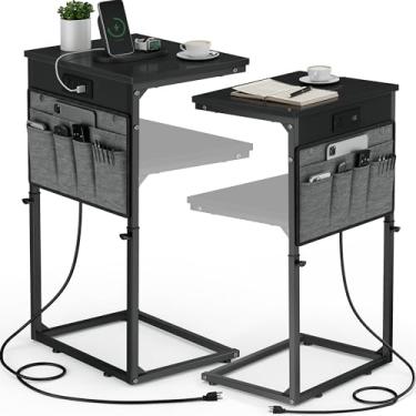 Imagem de Vagusicc Conjunto de 2 mesas de canto em forma de C com estação de carregamento, mesa lateral pequena para sofá, mesa lateral de sofá de altura ajustável, bandeja de TV para sala de estar, quarto