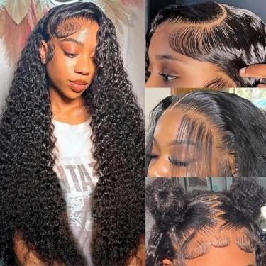 Imagem de Amzluck Peruca De Cabelo Humano Com Renda Frontal, 34 Polegadas, Onda Profunda, 13X4 Hd, Transparente, Cacheada, Densidade 200, Pré-Arrancada E Sem Cola, Cor Natural