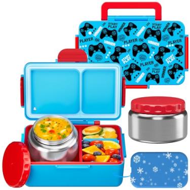 Imagem de Lancheira infantil Bento – Garrafa térmica de sopa de aço inoxidável de 340 g e recipiente de alimentos à prova de vazamento de 3 compartimentos com bolsa de gelo embutida, jarra de comida isolada
