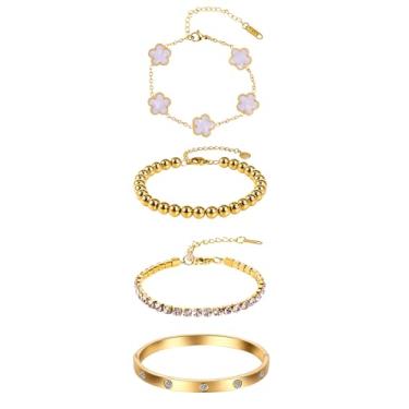Imagem de 99 JEWELRY Pulseiras de ouro para mulheres, conjunto de pulseiras banhadas a ouro 18K e branco, conjunto de corrente em camadas de tênis de folha, joias, pulseira ajustável à prova d'água, não mancha