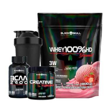 Imagem de Combo Whey 100% HD Gourmet + Bcaa + Creatina- Black Skull (Morango)