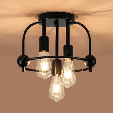 Imagem de fengkeDU Luz de teto industrial de 3 luzes pretas de montagem semiembutida perto de luminárias de teto, design de gaiola, iluminação de teto de casa de fazenda para cozinha, quarto, banheiro, hall de