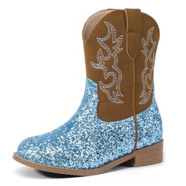 Imagem de PANDANINJIA Botas de caubói para meninas, bico redondo, para meninos, botas caubói, cano curto, botas de cowgirl ocidentais, Bluesequin, 12 Little Kid