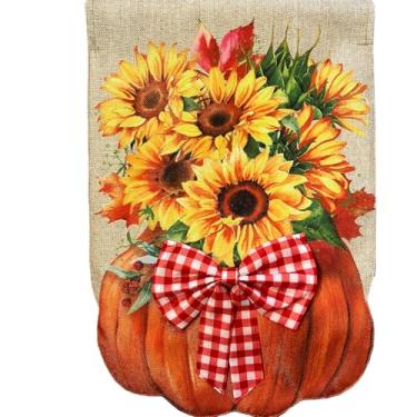 Imagem de Briarwood Lane Bandeira de jardim de serapilheira de abóbora preenchida com girassol