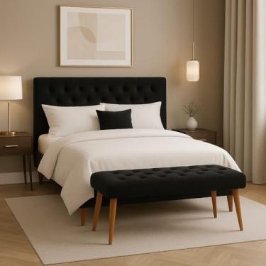 Imagem de Banqueta Luxo Vitoria Estofada Capitonê, Pés de Madeira Moderno (Preto)