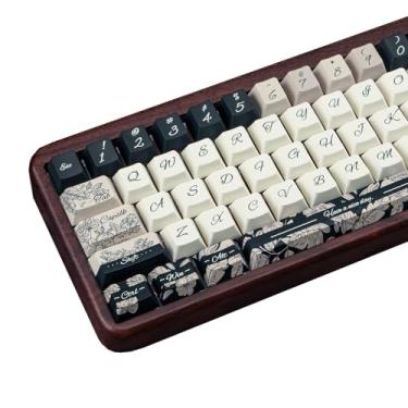 Imagem de Teclado de perfil cereja PBT personalizado, conjunto de teclas estéticas vintage de sublimação de tinta de cinco lados, tema retrô rosa preta, 148 teclas para teclado mecânico de jogos com layout ANSI